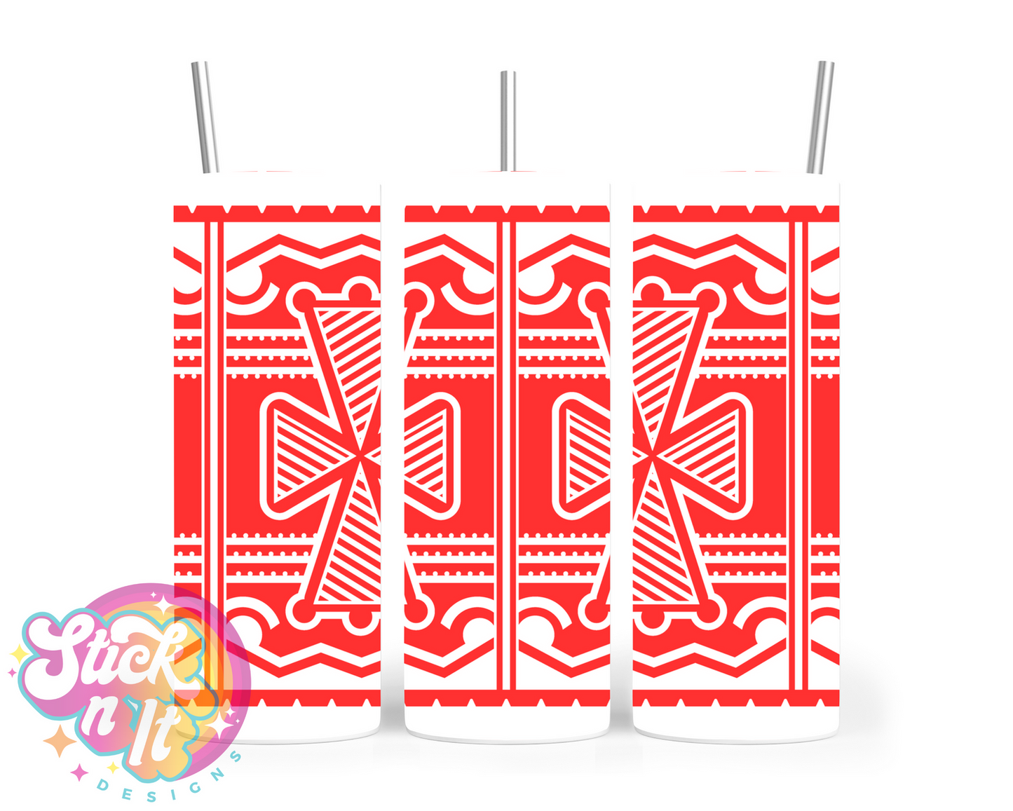 Stainless steel tumbler featuring a white Pacific Islands PNG design in red