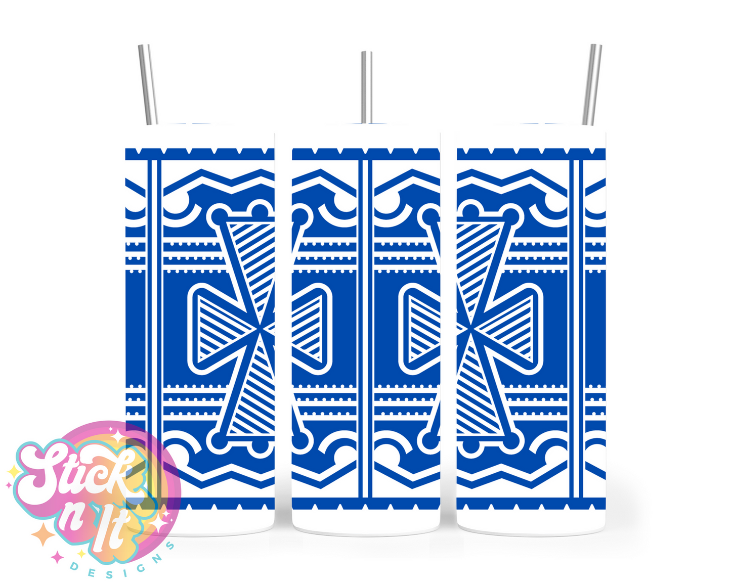 Stainless steel tumbler featuring a white Pacific Islands PNG design in blue