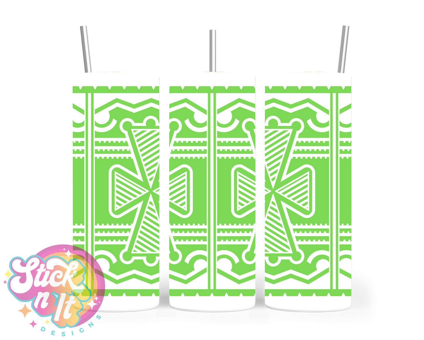 Stainless steel tumbler featuring a white Pacific Islands PNG design in lime