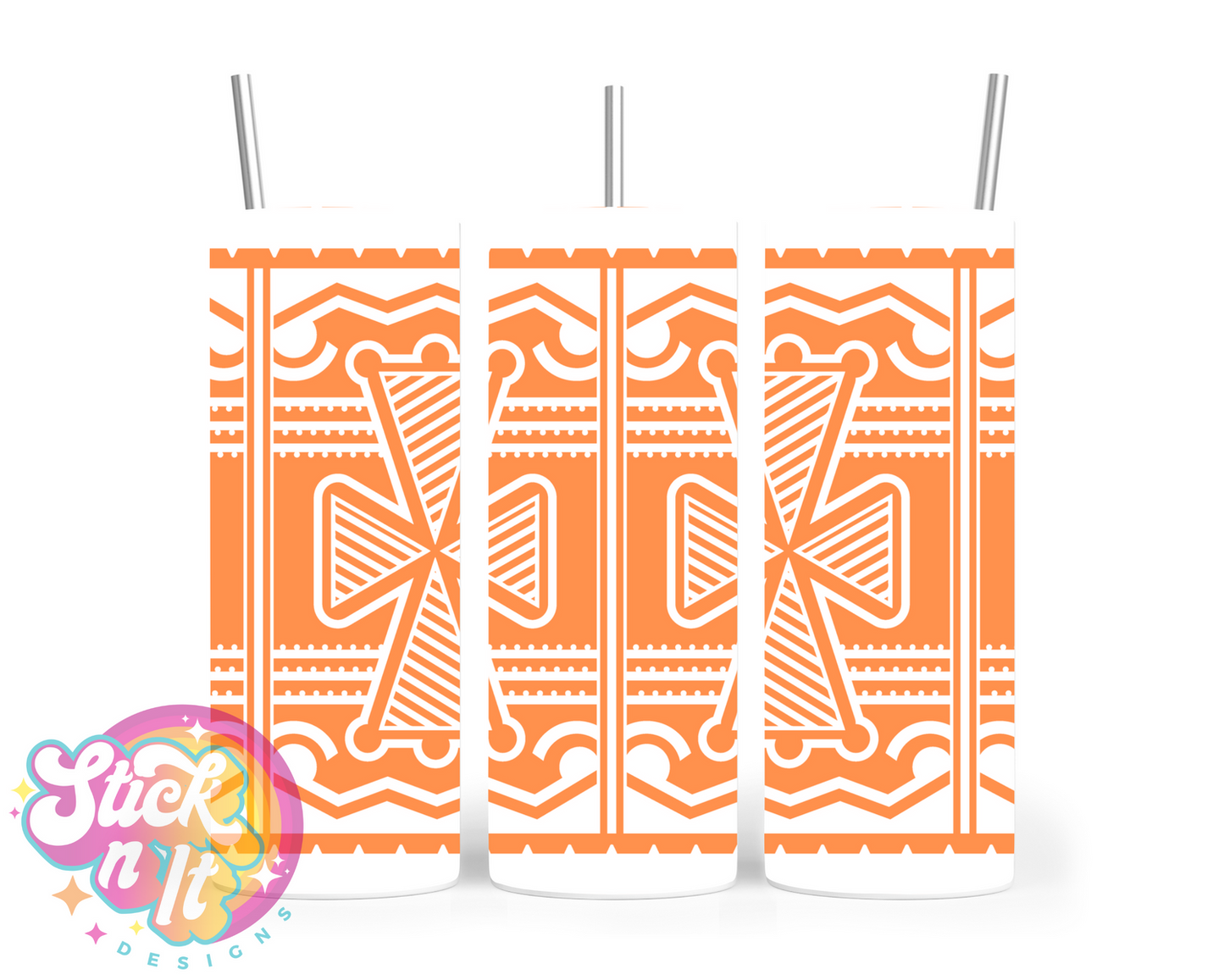 Stainless steel tumbler featuring a white Pacific Islands PNG design in orange