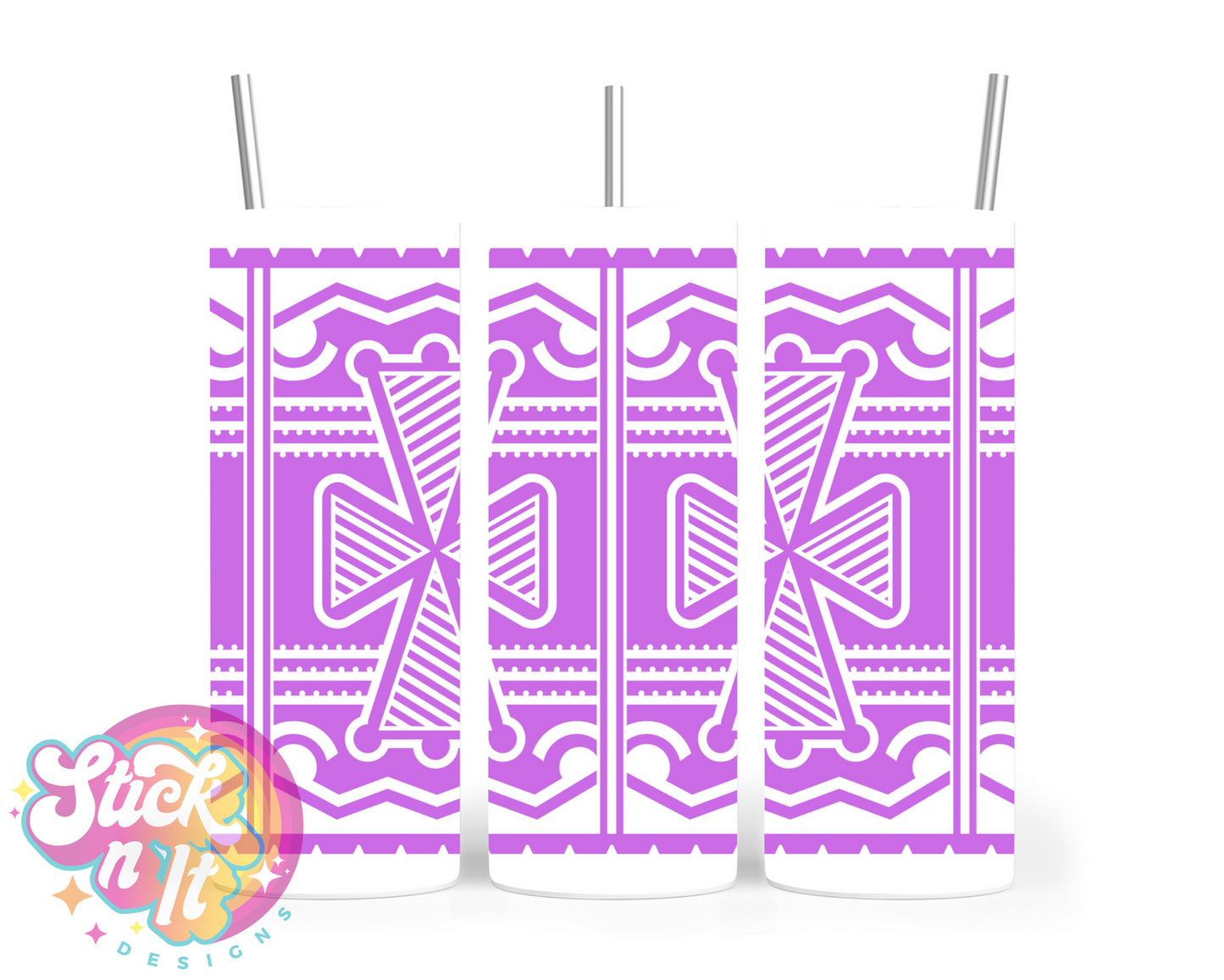 Stainless steel tumbler featuring a white Pacific Islands PNG design in purple