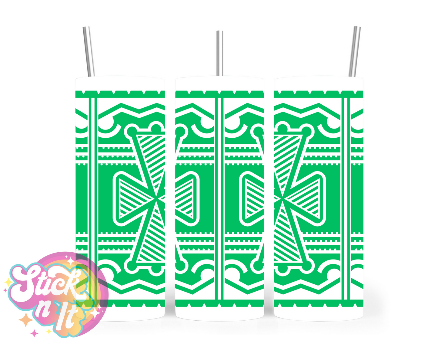 Stainless steel tumbler featuring a white Pacific Islands PNG design in green
