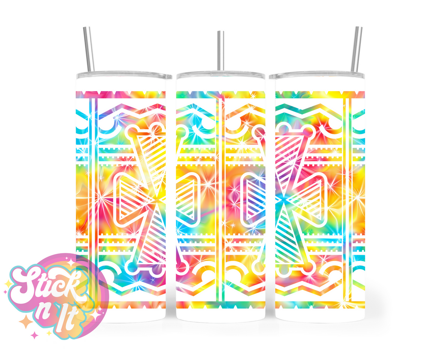 Stainless steel tumbler featuring a white Pacific Islands PNG design in tie dye