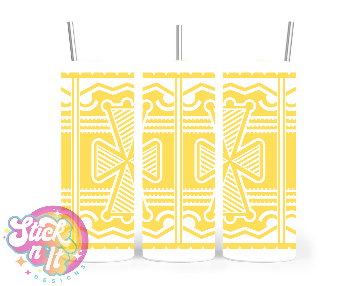Stainless steel tumbler featuring a white Pacific Islands PNG design in yellow