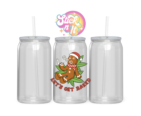 420 themed stainless steel insulated tumbler featuring gingerbread man smoking joint and quote Let's get baked