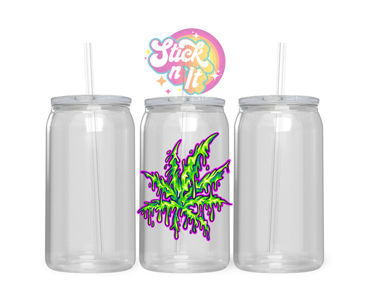 420 themed stainless steel insulated tumbler featuring cartoon style dripping cannabis leaf