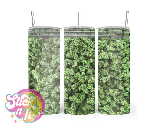 420 themed stainless steel insulated tumbler featuring bud bag