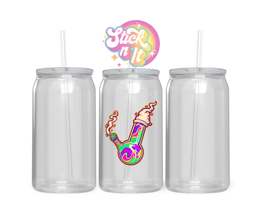 420 themed stainless steel insulated tumbler featuring trippy looking bong