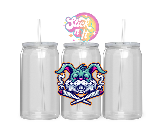 420 themed stainless steel insulated tumbler featuring cartoon style stoned bunny with joints