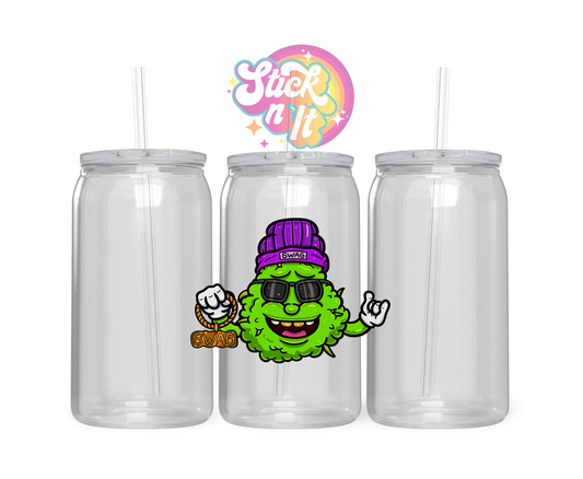420 themed stainless steel insulated tumbler featuring cartoon style gangsta bud