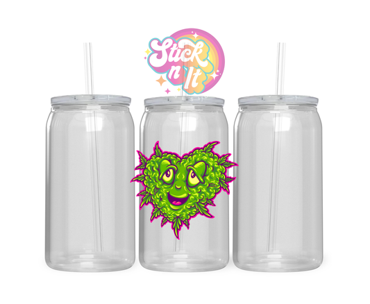 420 themed stainless steel insulated tumbler featuring heart shaped cannabis bud