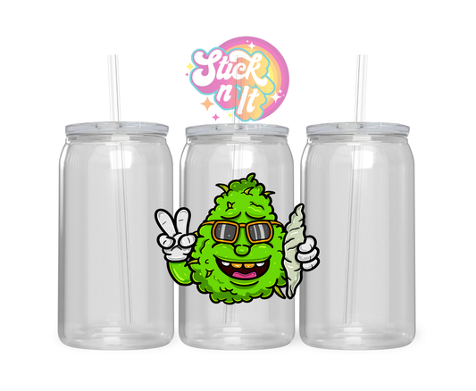 420 themed stainless steel insulated tumbler featuring cartoon style cannabis bud doing peace sign