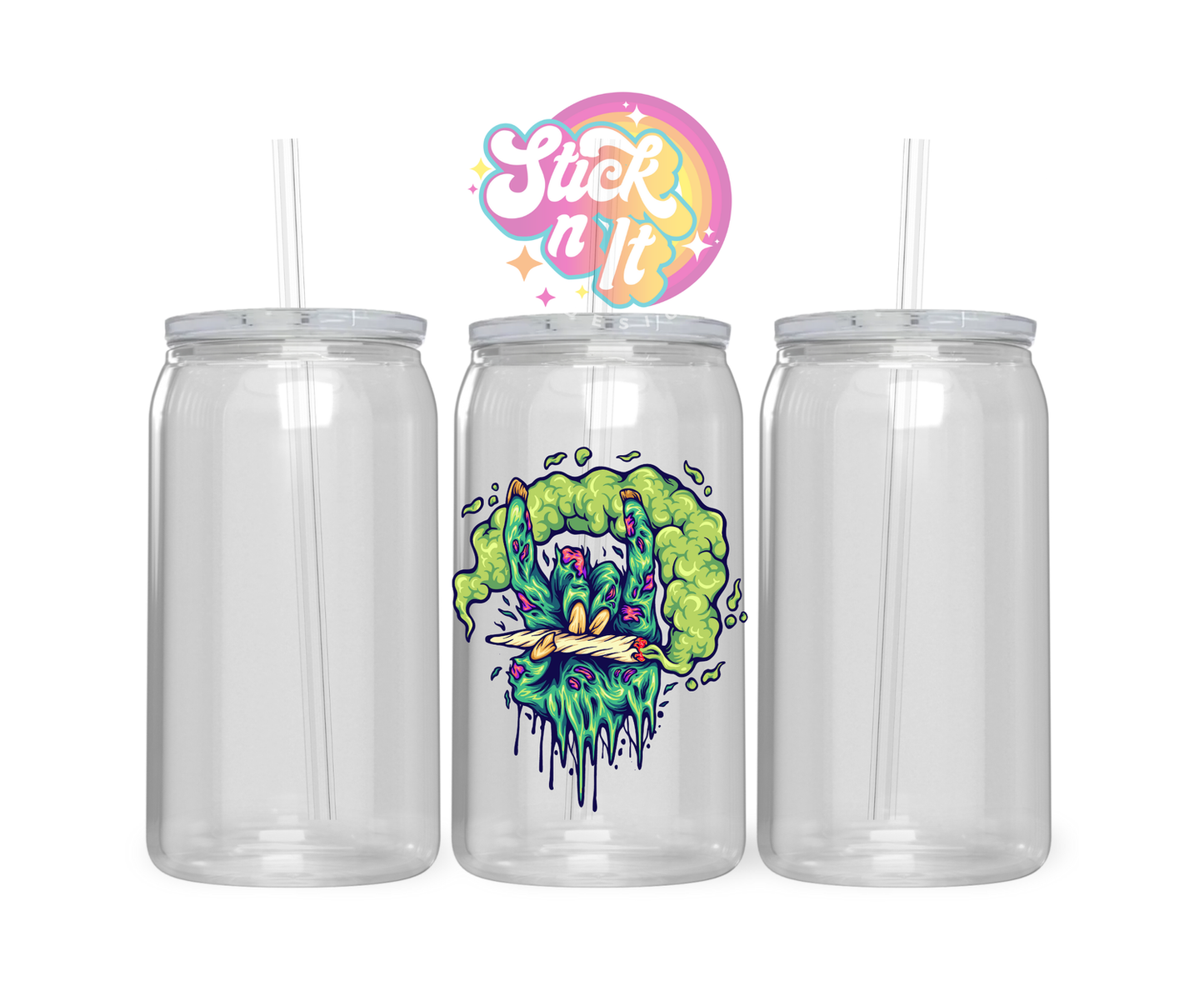420 themed stainless steel insulated tumbler featuring creepy green hand holding a joint