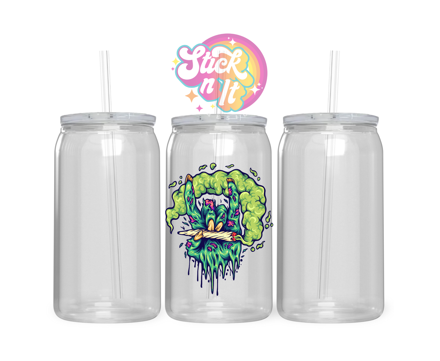 420 themed stainless steel insulated tumbler featuring creepy green hand holding a joint