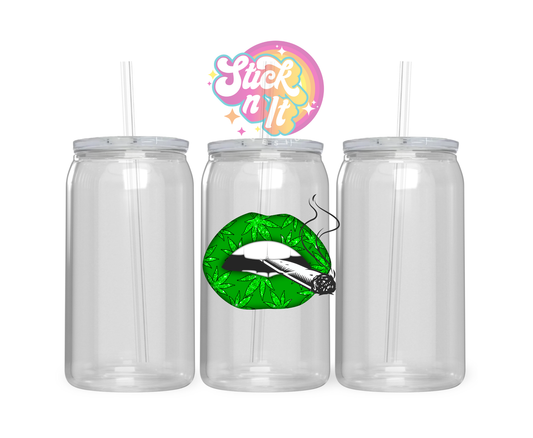 420 themed stainless steel insulated tumbler featuring green lips with a joint
