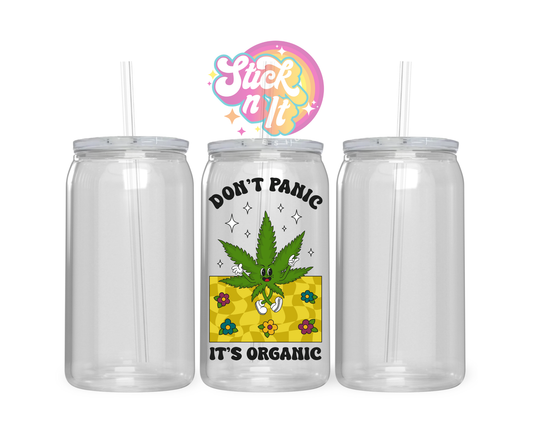 420 themed stainless steel insulated tumbler featuring quote Don't panic it's organic