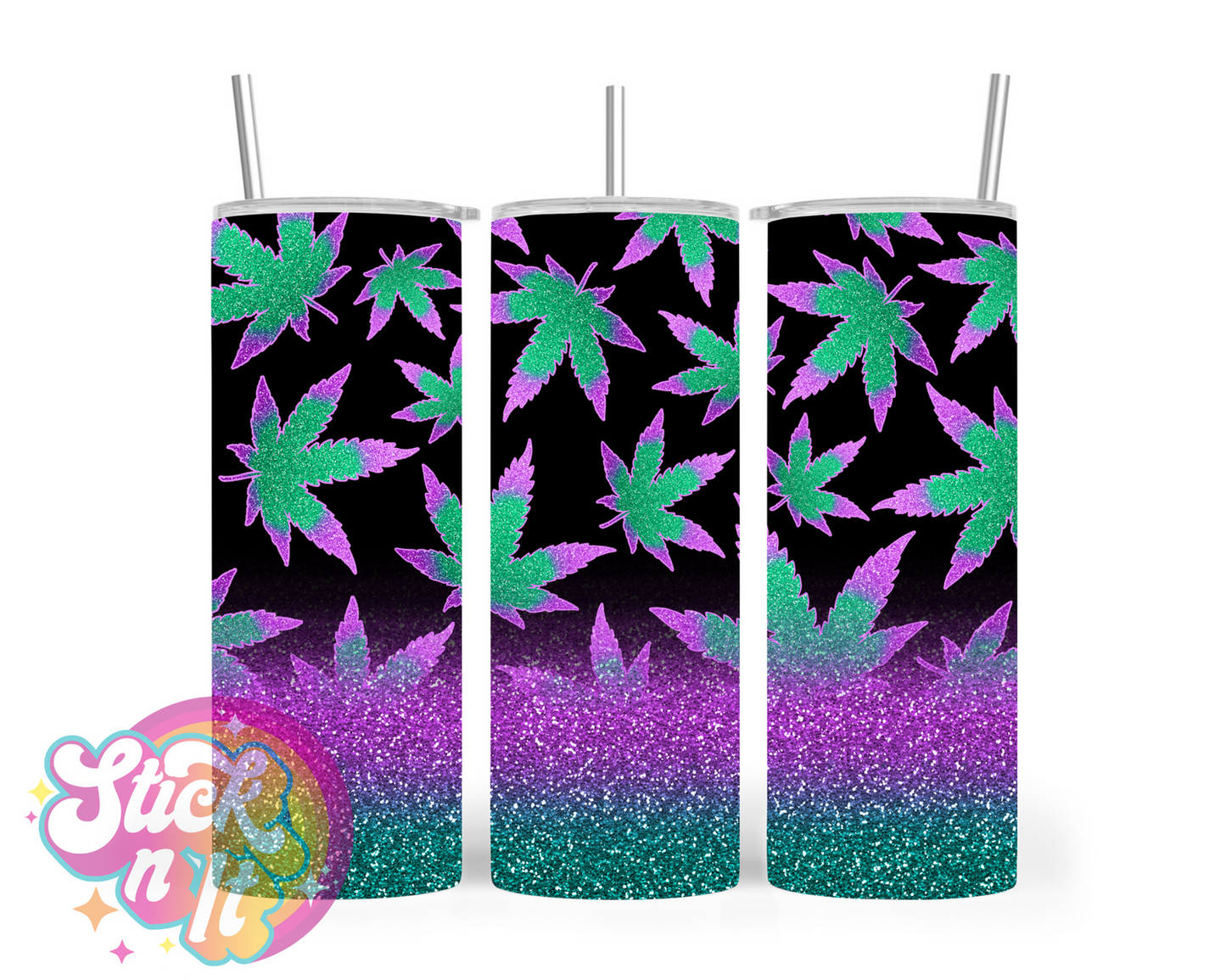 420 themed stainless steel insulated tumbler featuring glitter look purple and green cannabis leaves