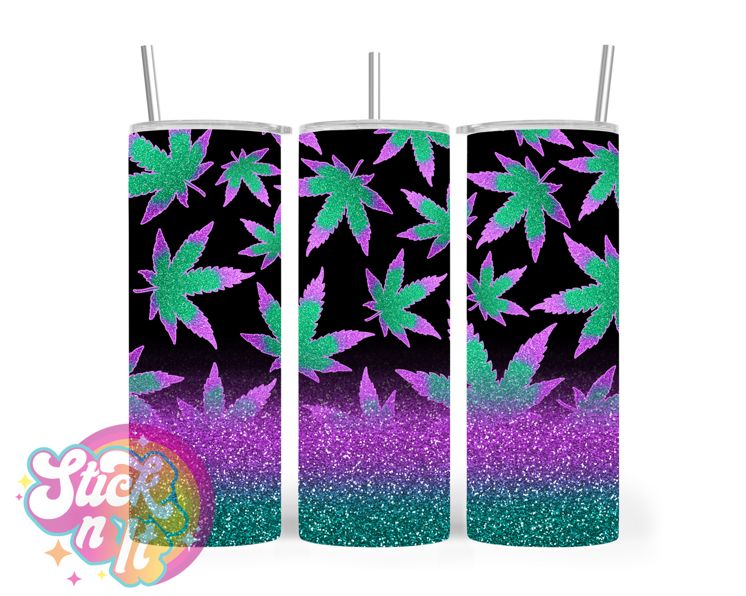 420 themed stainless steel insulated tumbler featuring glitter look purple and green cannabis leaves