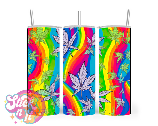 420 themed stainless steel insulated tumbler featuring cannabis leaves on a rainbow background