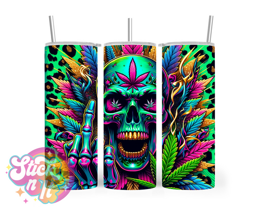 420 themed stainless steel insulated tumbler featuring colourful skull and cannabis leaves