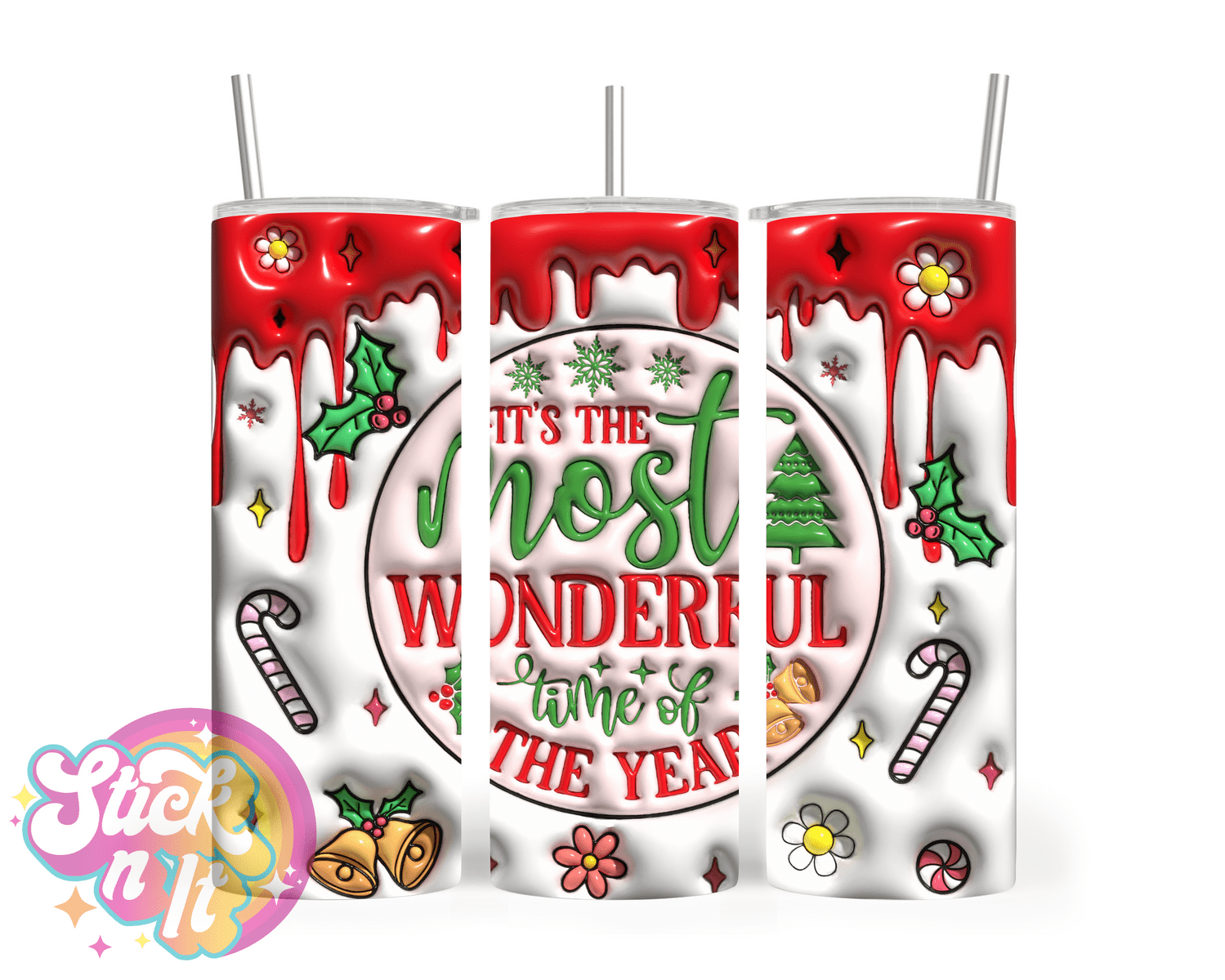 Stainless steel insulated Christmas tumbler featuring quote It's the most wonderful time of the year 