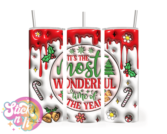 Stainless steel insulated Christmas tumbler featuring quote It's the most wonderful time of the year 